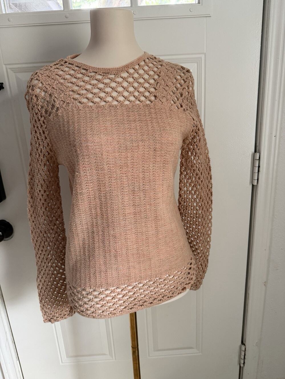 Vintage Small 60’s 70’s Open Weave Crochet Peach Pink Nude Sweater Top